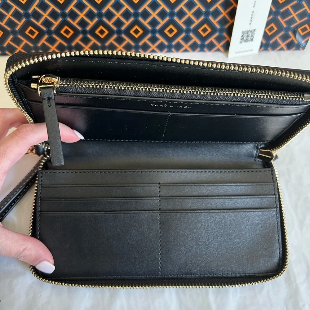 Tory Burch Emerson Canvas Zip Continental Wallet Multi Leather Black Tan Gold